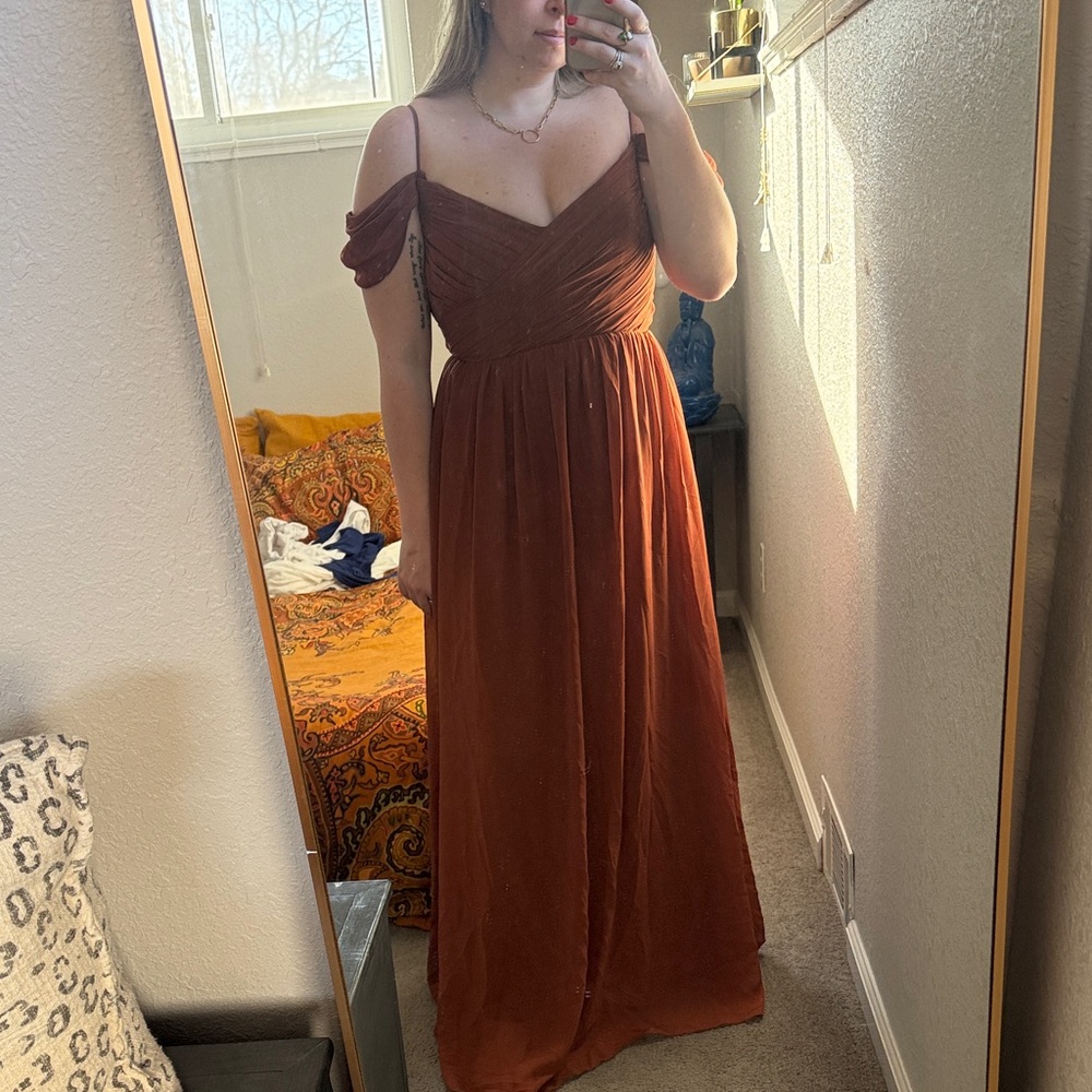 Revelry Rust Off-Shoulder Chiffon Maxi Bridesmaid Dress